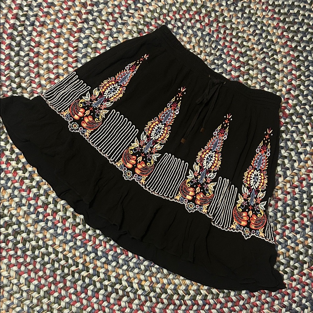 Spain Black Embroidered Beaded Mini Skirt with Colorful Motifs & Trimmed Lining